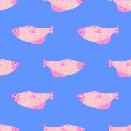 Seamless pattern with cute pink fish painted in soft watercolor style on a bright blue background. Perfect for children's textiles, wallpaper, wrapping paper, and cheerful ocean-themed designs.の写真素材