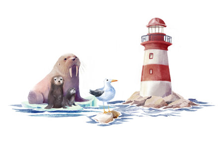 Watercolor illustration a red and white lighthouse on rocks, a walrus on ice, otters and a seagull standing on a stone with sea waves, isolated on white background. For cards, children's projects.の写真素材