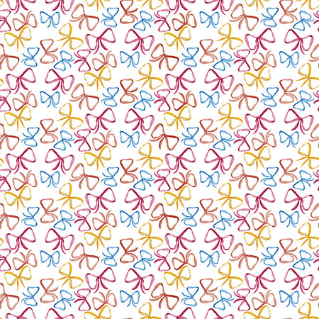 Seamless pattern with multicolored hand-drawn bows in red, blue, and yellow tones on a white background. Suitable for fabric, gift wrapping, packaging, and surface design.の写真素材