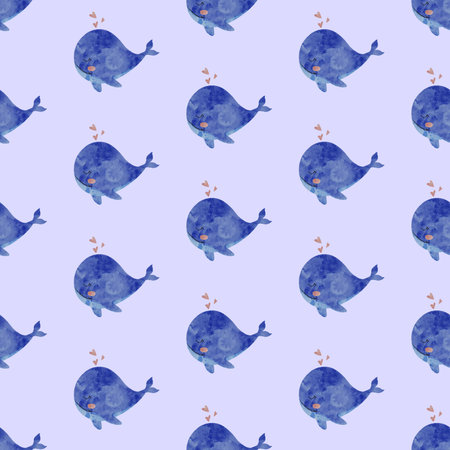 Seamless pattern with cute blue baby whales and heart smalls painted in soft watercolor style on a light purple background. Perfect for kids' textiles, wallpapers, wrapping paper, and nursery decor.の写真素材
