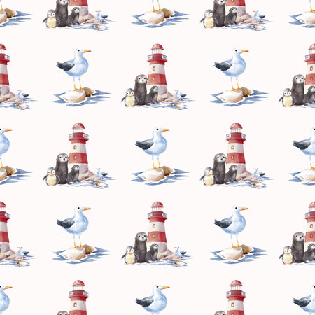 Seamless pattern featuring watercolor lighthouses, seagulls standing on rocks, penguins, and otters on a white background. Ideal for kids' products, fabric, wrapping paper, and nautical-themed designs.の写真素材