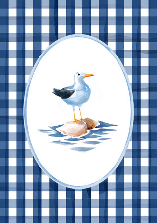 Watercolor design featuring a seagull standing on stones in water, set inside an oval frame with a blue checkered background. Suitable for invitations, posters, nursery prints, and baby milestones.の写真素材