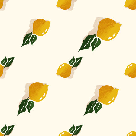 Seamless pattern with bright yellow lemons and dark green leaves in a modern textured hand-drawn style on a light cream background. Great for packaging, kitchen decor, textile, and fresh summer designs.の写真素材