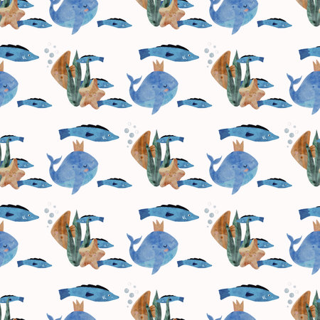 Seamless pattern with blue whales in crowns, fish, seaweed, starfish, shells, and bubbles in soft watercolor style on a light background. Great for kids' textiles, wallpaper, and wrapping.の写真素材