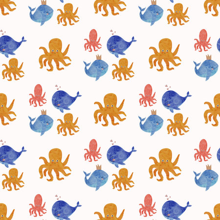 Seamless pattern blue whales wearing crowns and cheerful orange and red octopuses, painted in a soft watercolor style on a light background. For children's textiles, wallpapers, wrapping paperの写真素材