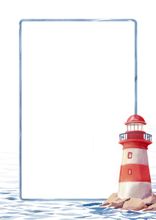 Vertical rectangular frame with blue watercolor border, red and white lighthouse on rocks and sea waves at the bottom. Suitable for invitations, posters, kids metrics, and summer designs.の写真素材