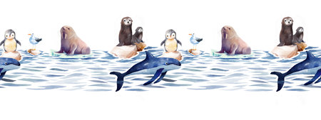 Seamless horizontal border with arctic animals: orcas, penguins, walrus, gulls, and seals on ice and ocean waves in watercolor style. Suitable for fabric, packaging, web design, and kids' projects.の写真素材