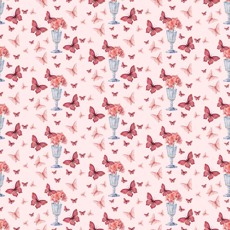 Butterflies and pink geraniums in vases on a pink background, seamless watercolor pattern. Ideal for packaging, greeting cards, textiles, romantic designs, and spring-themed collections.の写真素材