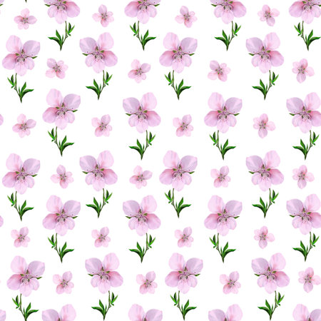 Pink flowers and green leaves are evenly arranged on a white background, seamless watercolor pattern. Suitable for spring and summer textiles, packaging, greeting cards, and romantic designs.の写真素材