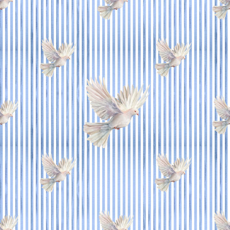 White doves on a background of vertical blue and white stripes, seamless watercolor pattern. Suitable for textiles, wallpapers, packaging, wedding and celebration designs.の写真素材