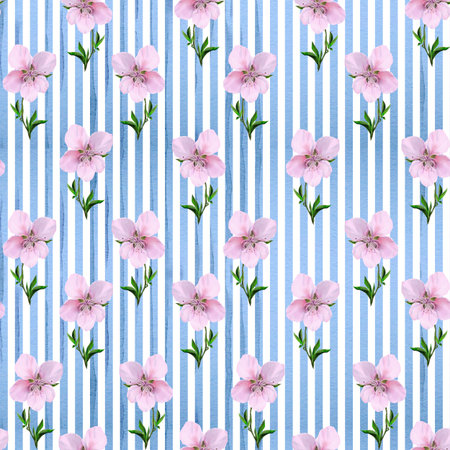 Cherry blossoms with green leaves on vertical blue striped background, seamless watercolor pattern. Perfect for spring and summer textiles, packaging, gift wrap, and decorative projects.の写真素材