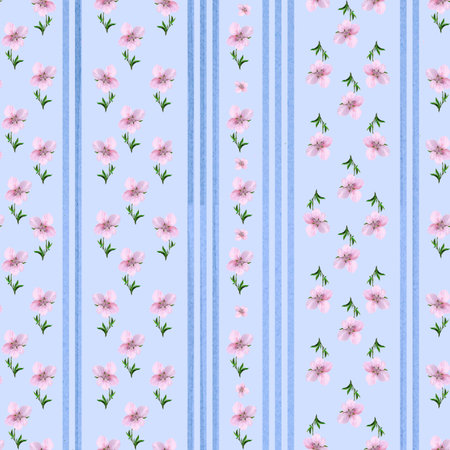 Pink flowers and green leaves arranged in vertical columns on a blue background, seamless watercolor pattern. Suitable for spring textiles, packaging, wrapping, and decorative use.の写真素材