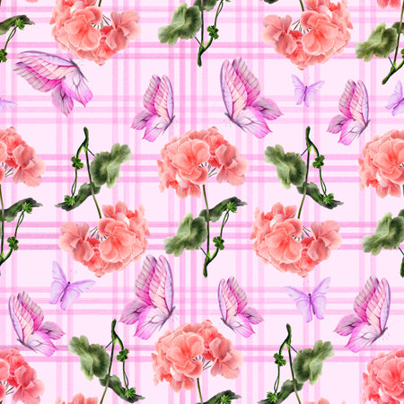 Butterflies and geranium flowers on a pink plaid background, seamless watercolor pattern. Perfect for textiles, packaging, greeting cards, spring collections, and romantic designs.の写真素材