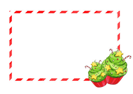 Rectangular watercolor Christmas frame with red and white striped border and cupcakes shaped like Christmas trees. Perfect for templates, festive cards and New Year menus.の写真素材