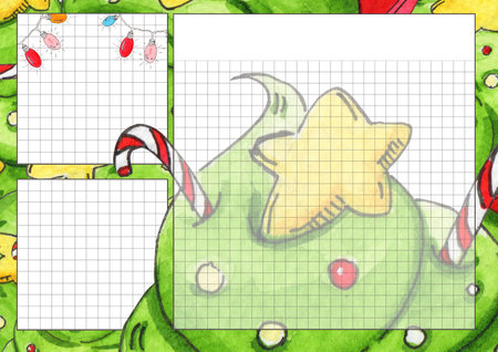 Template with festive cupcake, candy canes, and garland lights. Features three separate grid blocks for notes, menus, lists, or schedules. Watercolor style.の写真素材