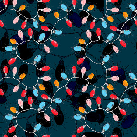 Colorful Christmas lights pattern with red, blue, yellow and pink bulbs on a dark blue background....