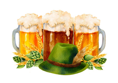 Three frothy beer mugs with a traditional green Bavarian hat, wheat stalks, and hop cones. Watercolor Oktoberfest illustration for posters, menus, labels, and pub decor.の写真素材