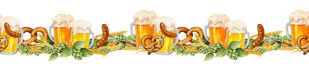 Beer mugs, sausages on forks, salted pretzels, green hops, and wheat, seamless watercolor border isolated on white background. For Oktoberfest and festive designs, banners, pub menus, packagingの写真素材