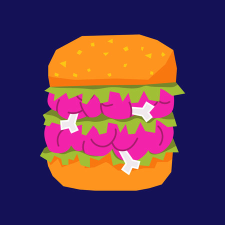 Creepy Halloween meal, Illustration of a Halloween zombie burger with pink brain patties, white bones, and green lettuce between buns. Isolated spooky sandwich on a dark background.のイラスト素材