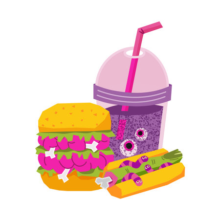 Creepy Halloween meal, a zombie-themed fast food set including a burger with pink brains and bones, fries made from green severed fingers with worms, and a purple drink with eyeballs.のイラスト素材