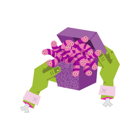 Zombie hands holding a purple gift box filled with multiple pink and purple striped worms. Stylized spooky food concept for Halloween parties and horror menus.のイラスト素材