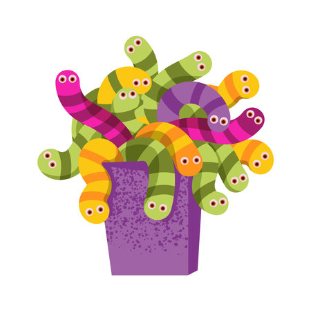 Purple box overflowing with multicolored striped worms in green, yellow, orange, pink, and purple, isolated on a white background. Stylized Halloween zombie food for spooky menus and horror designs.のイラスト素材