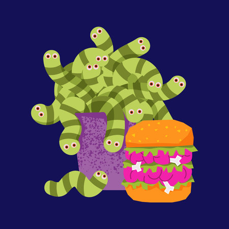 Zombie double brain burger with bones and a purple bucket overflowing with green worms. Vector illustration of a zombie-themed meal for Halloween party menus and creepy food designs.のイラスト素材