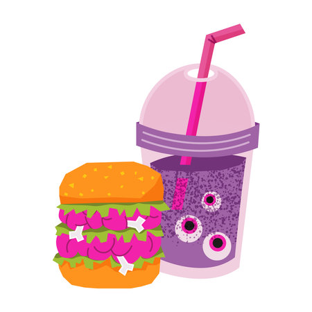 Zombie double burger with brain filling and eyeball milkshake for Halloween. Vector illustration of a zombie-style fast food combo for Halloween menus and horror-themed designs.のイラスト素材