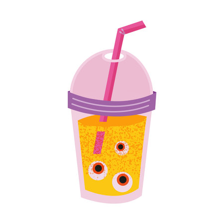 Halloween zombie drink with eyeballs in orange soda. Vector illustration of a spooky drink: a transparent cup with dome lid and pink straw, filled with orange soda and floating eyeballs.のイラスト素材