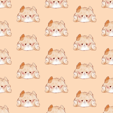 Seamless kawaii pattern featuring adorable cats with heart-shaped eyes. The repeating design is perfect for textiles, wrapping paper, stationery, wallpapers, and decorative projects.の写真素材