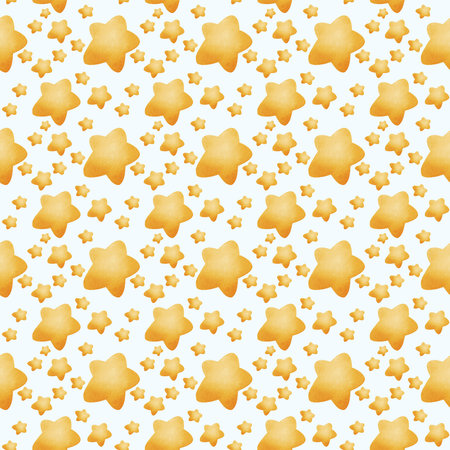 Seamless watercolor pattern with yellow stars. Simple celestial motif for textile, wrapping paper, wallpaper, stationery, and decorative projects.の写真素材