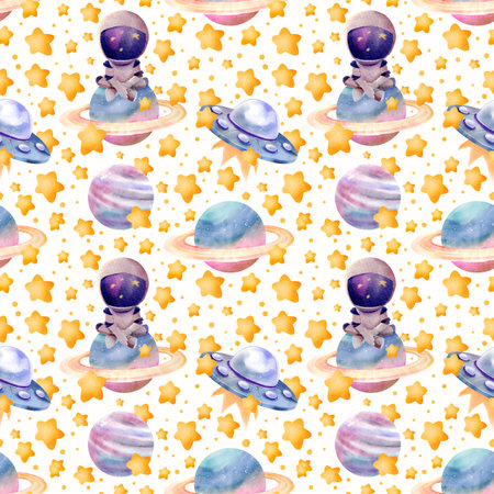 Seamless watercolor pattern with astronaut, UFOs, colorful planets and glowing stars on a light background. Suitable for children's textiles, wallpapers, gift wrapping and cosmic themed decor.の写真素材