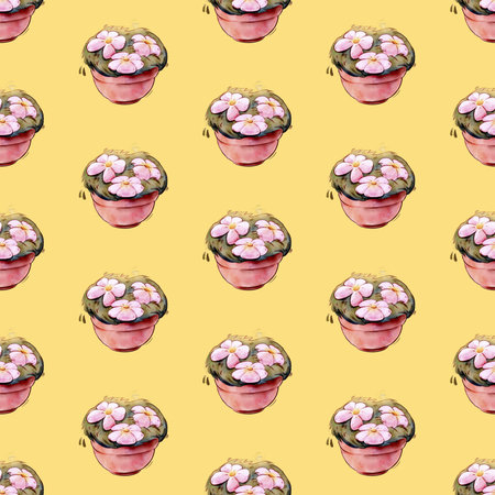 Seamless kawaii watercolor pattern featuring flower pots with blooming pink blossoms. The cute...