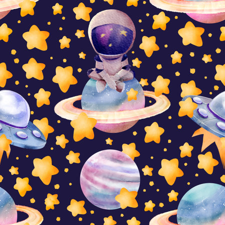 Seamless watercolor space pattern featuring astronaut on a planet with rings, UFOs, glowing stars and cosmic planets. Ideal for children's textiles, gift wrapping, wallpaper, scrapbookingの写真素材