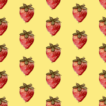 Seamless watercolor pattern with ripe strawberries. Berries with green leaves create a fresh and natural design suitable for fabric prints, wrapping paper, packaging, scrapbookingの写真素材
