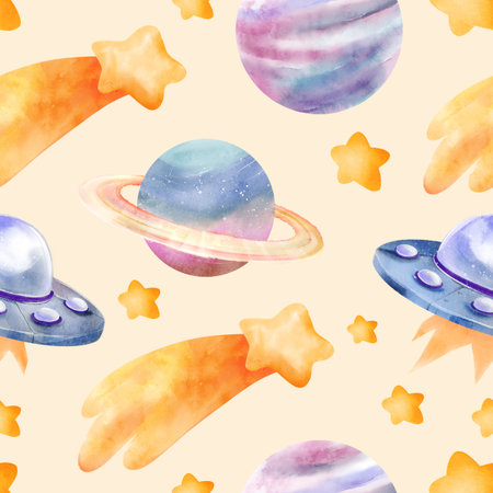 Seamless watercolor space pattern with planets, UFO spaceships, comets and glowing stars. Decorative cosmic design for fabric, gift wrapping, wallpaper, children's projects, and stationery.の写真素材
