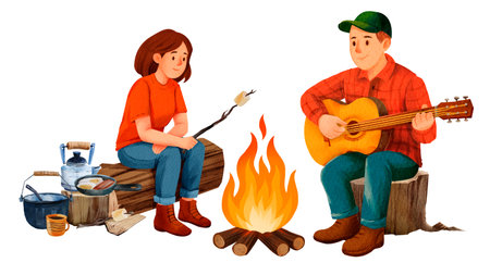 Illustration of a man playing guitar and a woman roasting marshmallows by the campfire. Camping utensils, food and firewood nearby. Suitable for travel, outdoor and camping themes.の写真素材