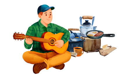 Man in green shirt and cap sitting cross-legged and playing guitar outdoors. Nearby are camping utensils, kettle, frying pan with eggs and sausages. Watercolor style.の写真素材