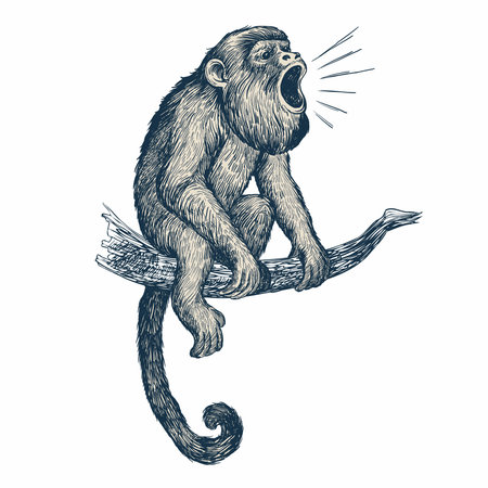 Detailed ink illustration of a howler monkey sitting on a tree branch on white background. Suitable...