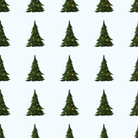 Watercolor seamless pattern with dark green Christmas trees decorated with yellow garlands and...