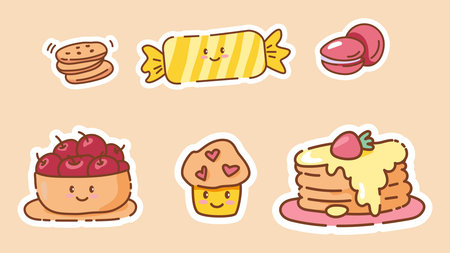 Set of kawaii style sweets including cookies, candy, macarons, cherries, muffin, and pancakes with...