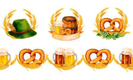 Watercolor Oktoberfest elements set featuring traditional hat, beer mugs, pretzel, hops and wheat compositions. High-quality isolated illustrations suitable for labels, packaging and festive designs.の写真素材