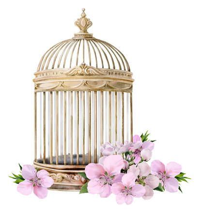 Watercolor golden cage decorated with pink peach blossoms and green leaves on white background, delicate composition suitable for wedding invitations, greeting cards and spring designsの写真素材