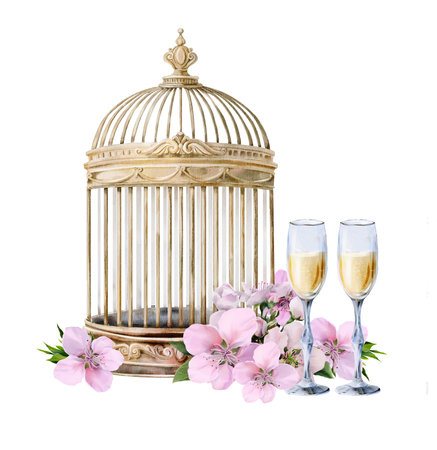 Watercolor composition with golden cage, champagne glasses and pink peach blossoms on white background, suitable for wedding invitations, greeting cards and spring designsの写真素材
