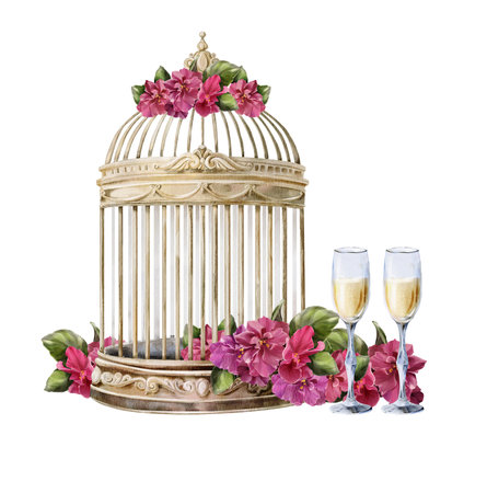 Watercolor golden cage decorated with purple and pink violets, with two champagne glasses on white background, composition suitable for wedding invitations, greeting cards and spring designsの写真素材