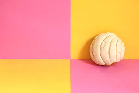 Creative photography closeup of traditional Mexican vanilla shell on a pink and yellow plaid backgroundの写真素材