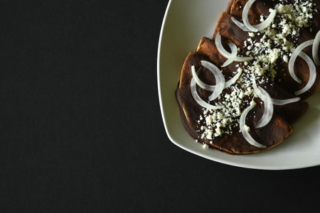 Overhead shot of traditional enfrijoladas with onion and cheese on white plate, black background, with copy spaceの写真素材