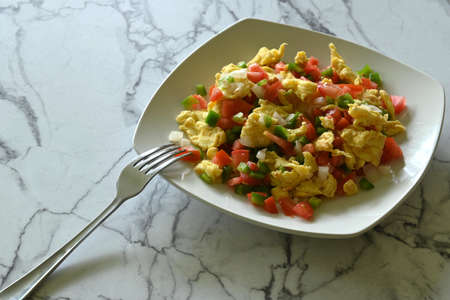 Close-up of Mexican eggs on marble table, with copy spaceの写真素材