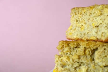 Mexican corn bread close-up, pink background with copy space, selective focusの写真素材