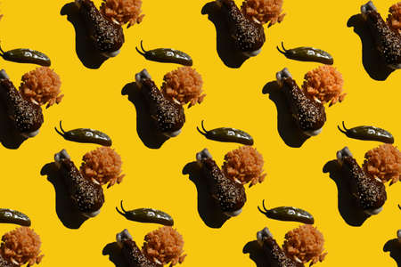 Pattern of mole sauce with chicken and red rice, Mexican gastronomy conceptの写真素材